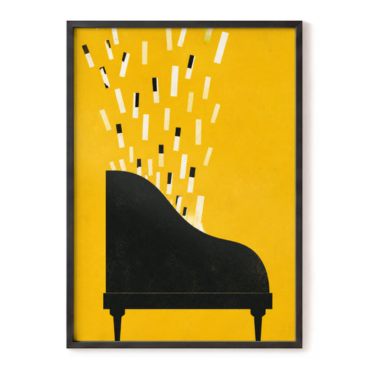 Falling Keys, yellow, black, white minimalist wall art, front artwork view