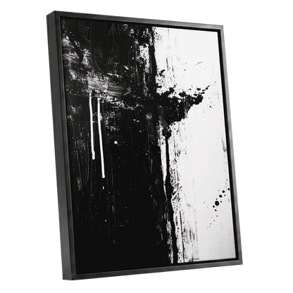 Fault Line Nocturne, black, white, gray abstract wall art shown as a black framed canvas wall art