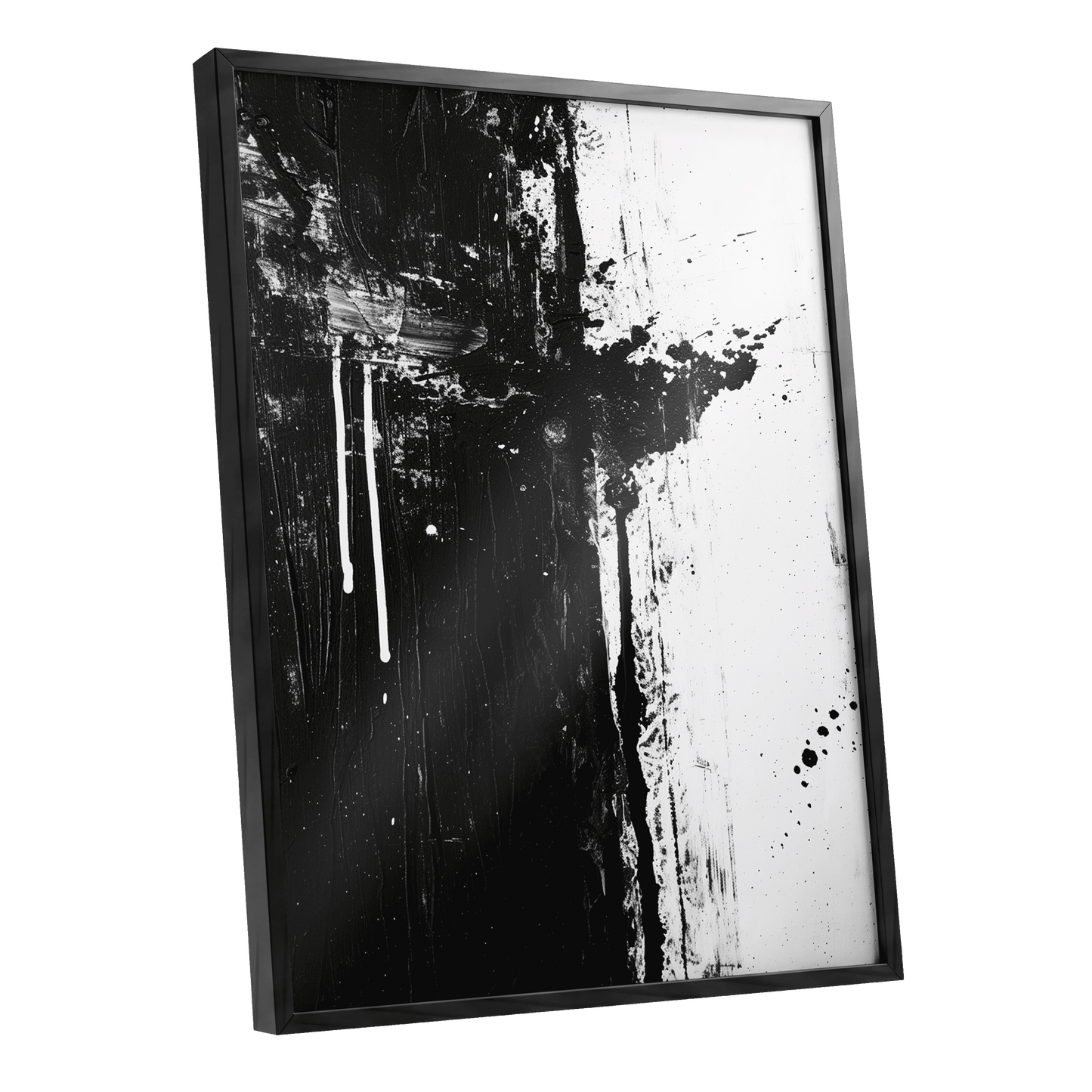 Fault Line Nocturne, black, white, gray abstract wall art shown as a black framed poster wall art print