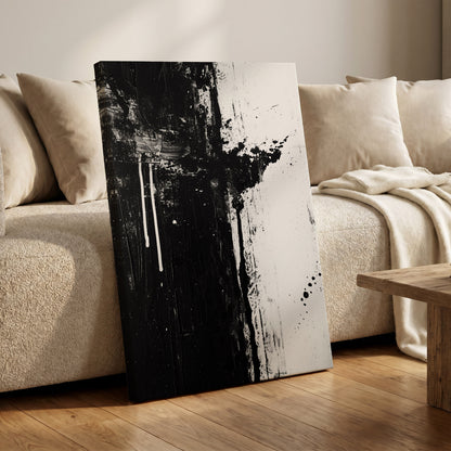 Fault Line Nocturne, black, white, gray abstract wall art on canvas displayed in a styled interior, gallery view 1