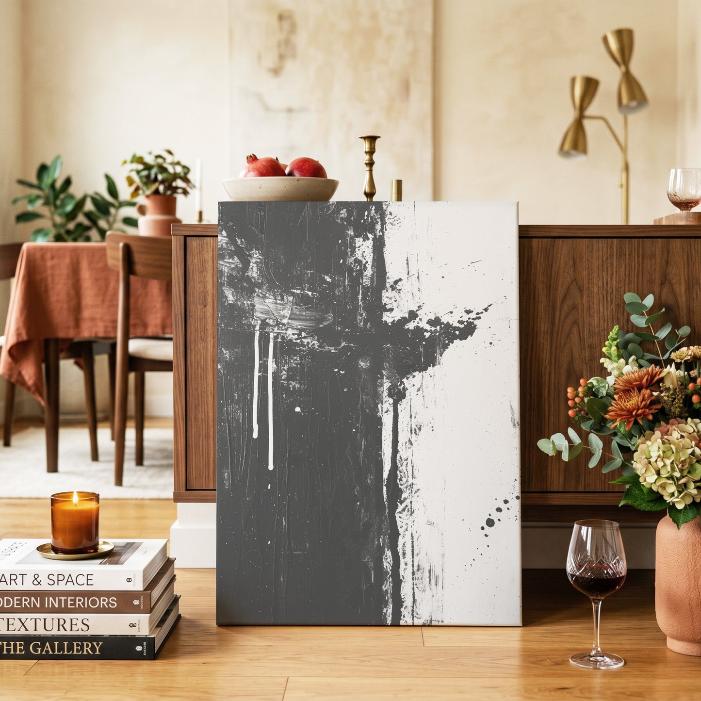 Fault Line Nocturne, black, white, gray abstract wall art on canvas displayed in a styled interior, gallery view 2