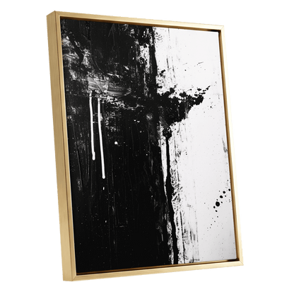 Fault Line Nocturne, black, white, gray abstract wall art shown as a gold framed canvas wall art