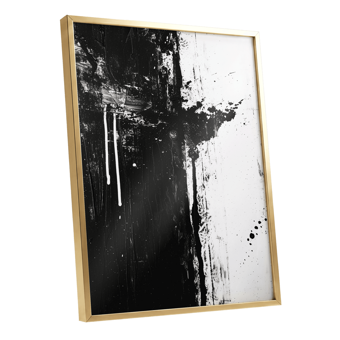 Fault Line Nocturne, black, white, gray abstract wall art shown as a gold framed poster wall art print