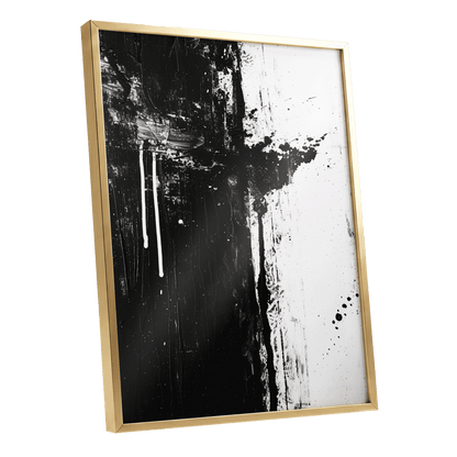 Fault Line Nocturne, black, white, gray abstract wall art shown as a gold framed poster wall art print