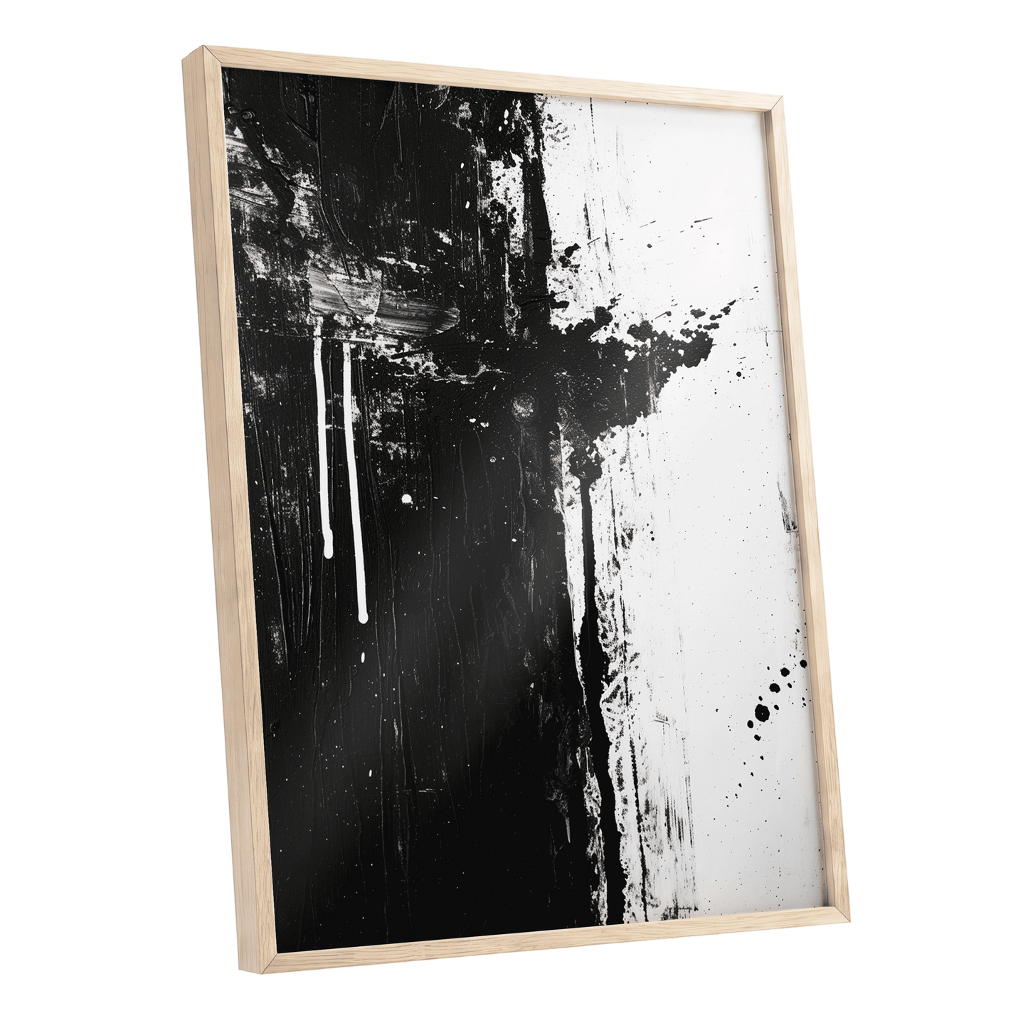 Fault Line Nocturne, black, white, gray abstract wall art shown as a oak framed poster wall art print