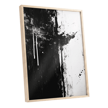 Fault Line Nocturne, black, white, gray abstract wall art shown as a oak framed poster wall art print