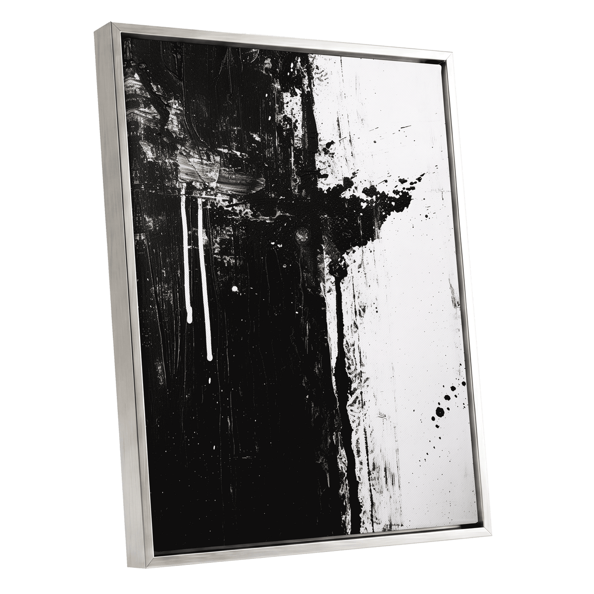 Fault Line Nocturne, black, white, gray abstract wall art shown as a silver framed canvas wall art