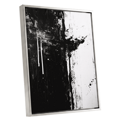 Fault Line Nocturne, black, white, gray abstract wall art shown as a silver framed canvas wall art