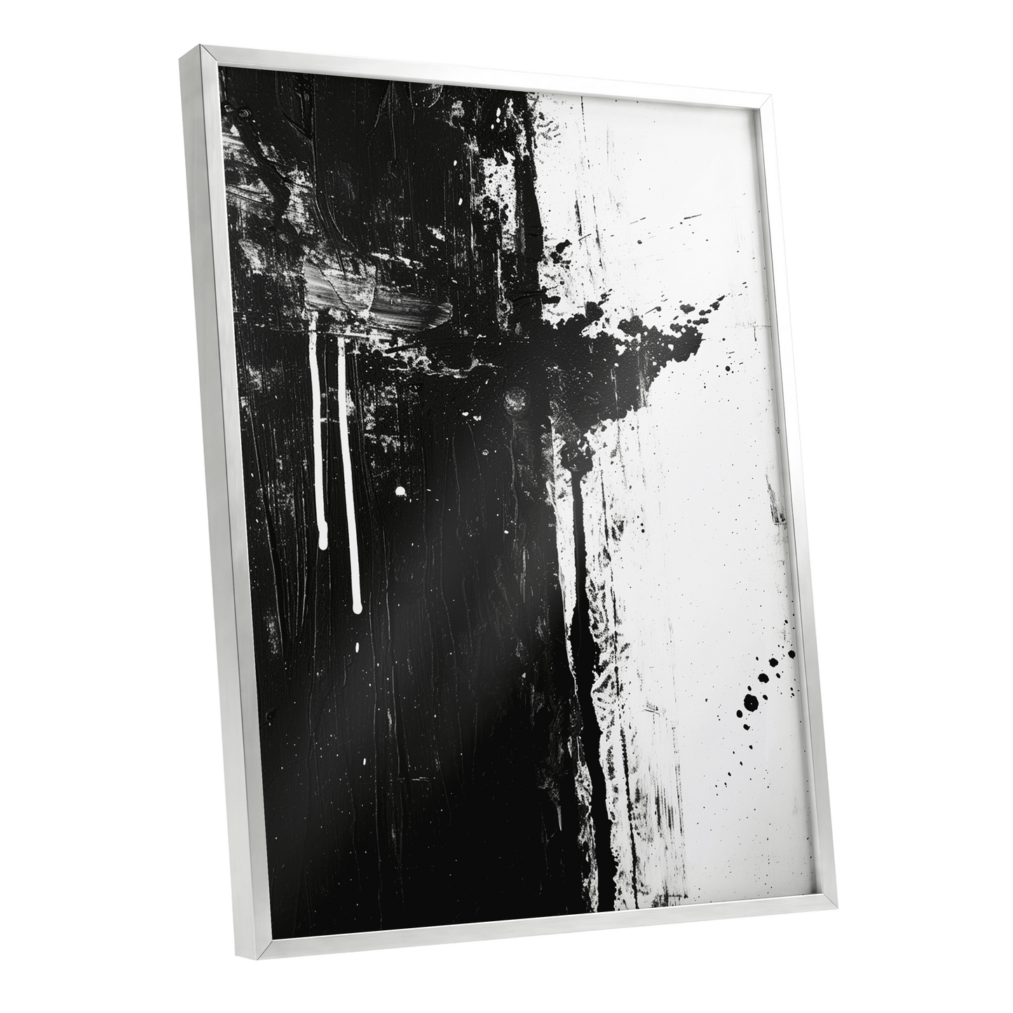Fault Line Nocturne, black, white, gray abstract wall art shown as a silver framed poster wall art print