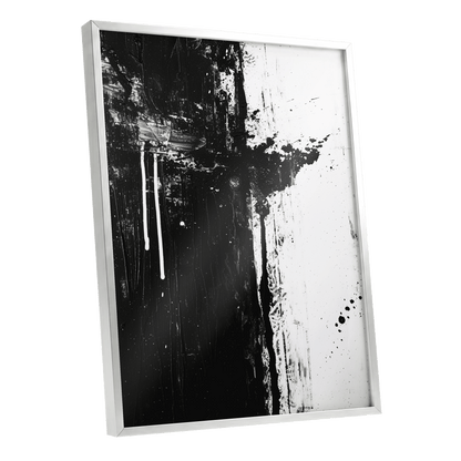 Fault Line Nocturne, black, white, gray abstract wall art shown as a silver framed poster wall art print