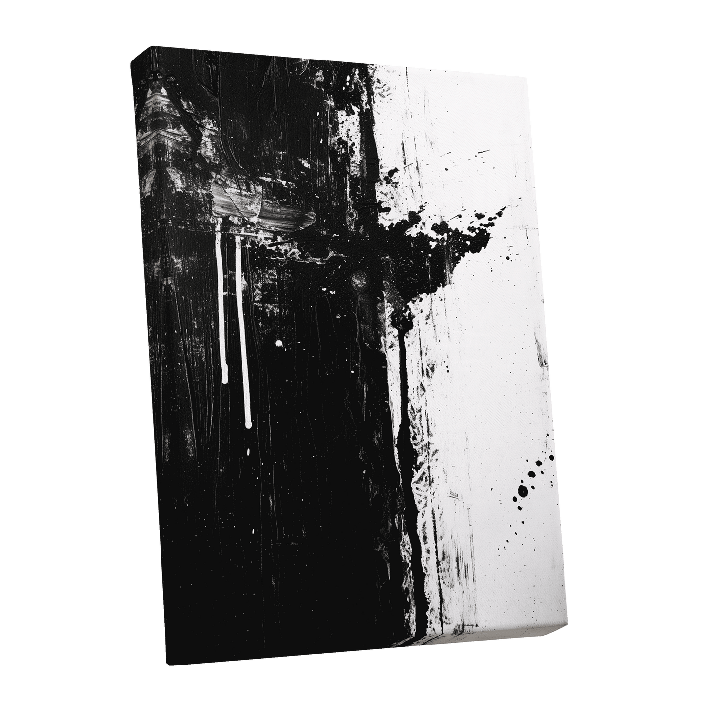 Fault Line Nocturne, black, white, gray abstract wall art shown as a stretched canvas wall art