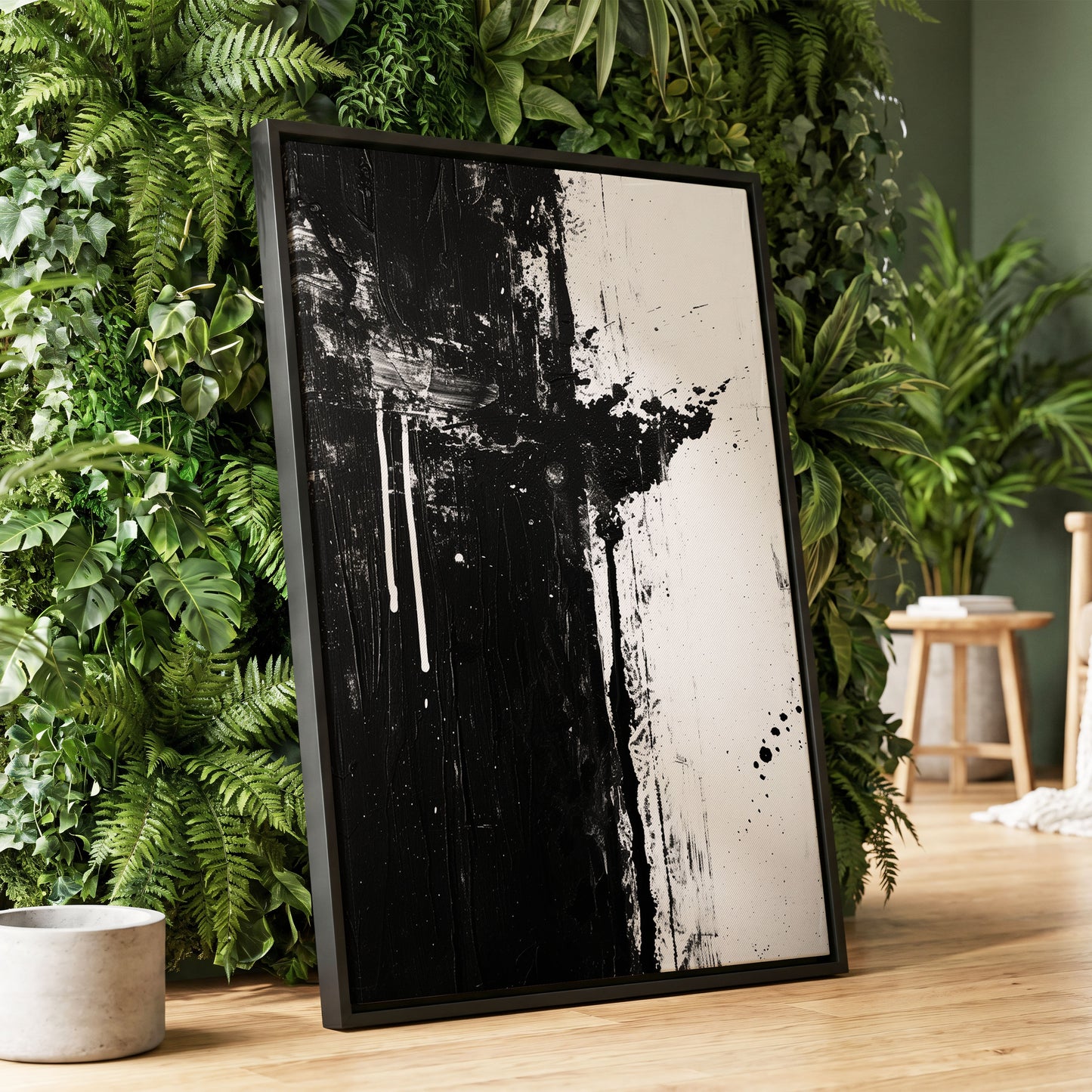 Fault Line Nocturne, black, white, gray abstract wall art displayed in a styled interior, gallery view 1