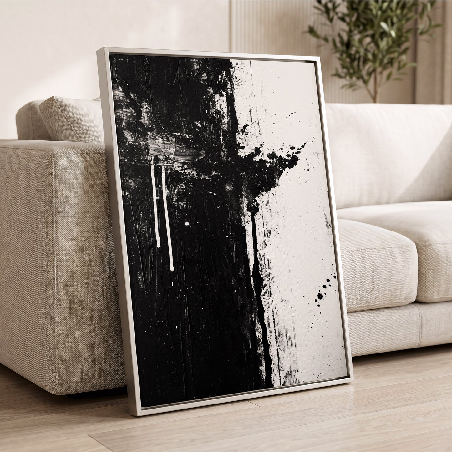 Fault Line Nocturne, black, white, gray abstract wall art displayed in a styled interior, gallery view 2