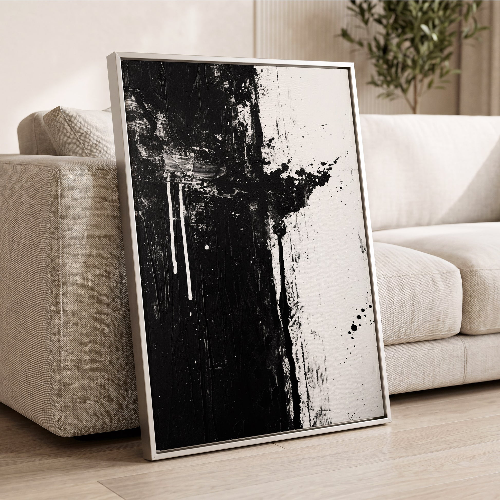 Fault Line Nocturne, black, white, gray abstract wall art displayed in a styled interior, gallery view 2