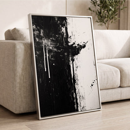 Fault Line Nocturne, black, white, gray abstract wall art displayed in a styled interior, gallery view 2