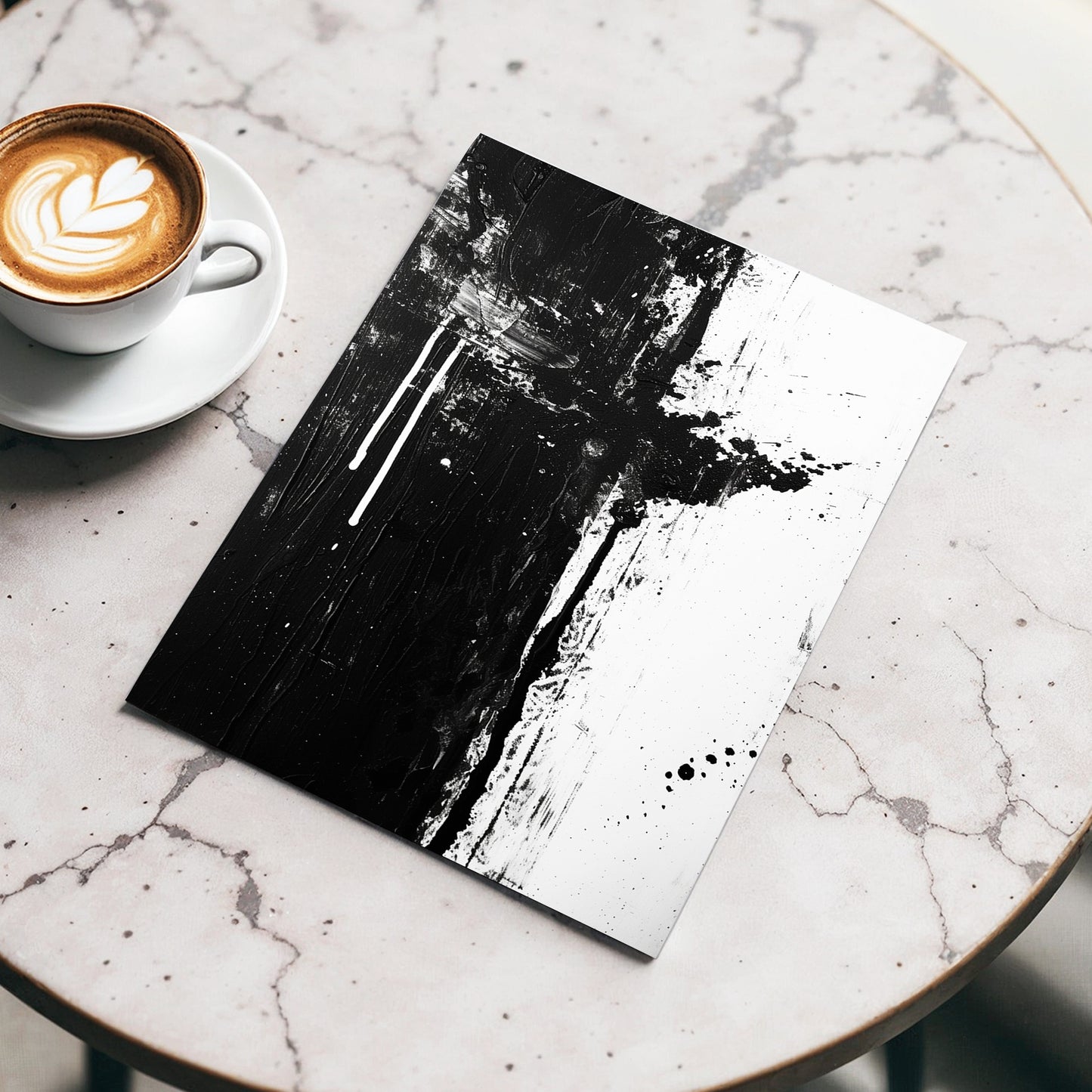 Fault Line Nocturne, black, white, gray abstract wall art displayed in a styled interior, gallery view 3