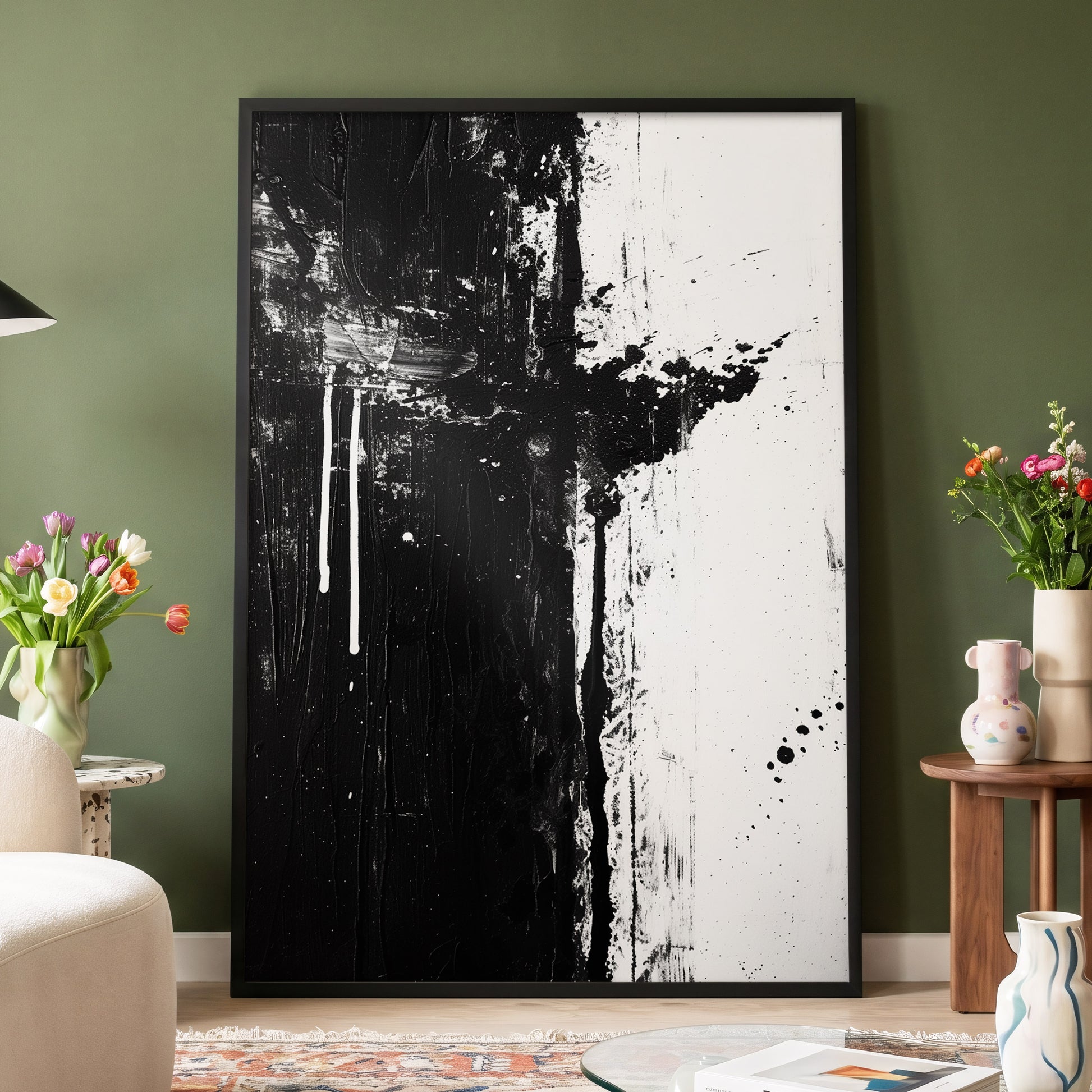 Fault Line Nocturne, black, white, gray abstract wall art displayed in a styled interior, gallery view 4