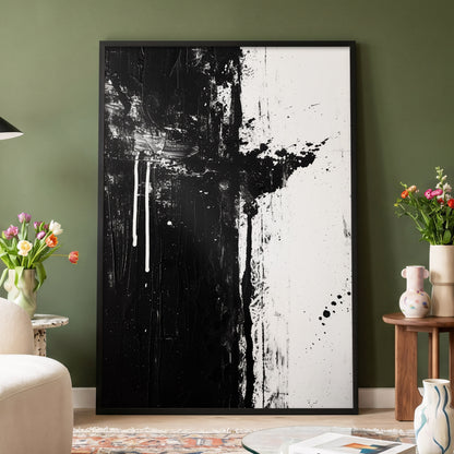 Fault Line Nocturne, black, white, gray abstract wall art displayed in a styled interior, gallery view 4