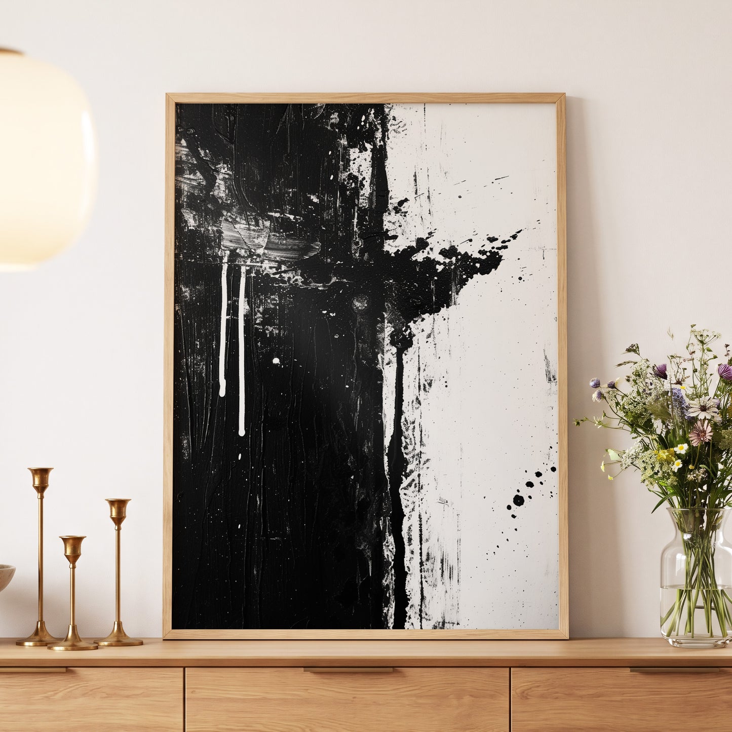 Fault Line Nocturne, black, white, gray abstract wall art displayed in a styled interior, gallery view 5