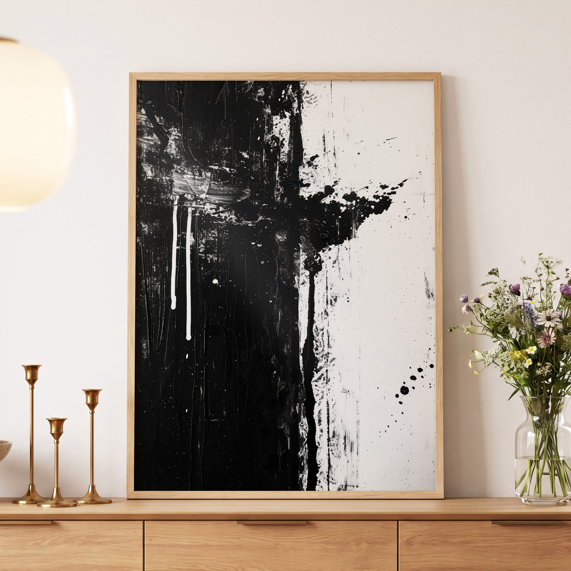 Fault Line Nocturne, black, white, gray abstract wall art displayed in a styled interior, gallery view 5
