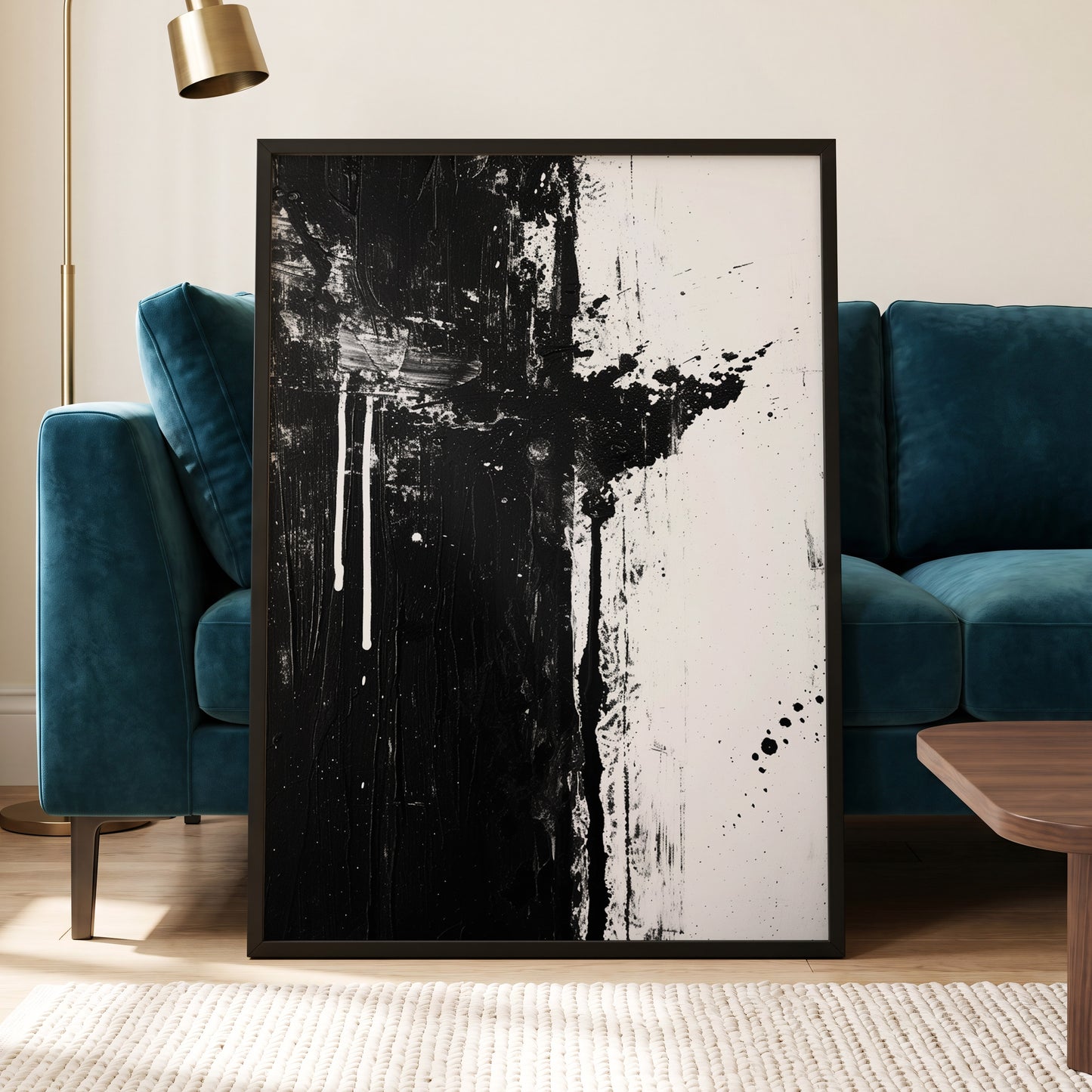 Fault Line Nocturne, black, white, gray abstract wall art displayed in a styled interior, gallery view 6