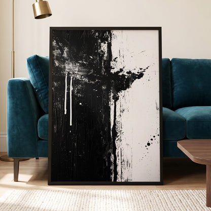 Fault Line Nocturne, black, white, gray abstract wall art displayed in a styled interior, gallery view 6