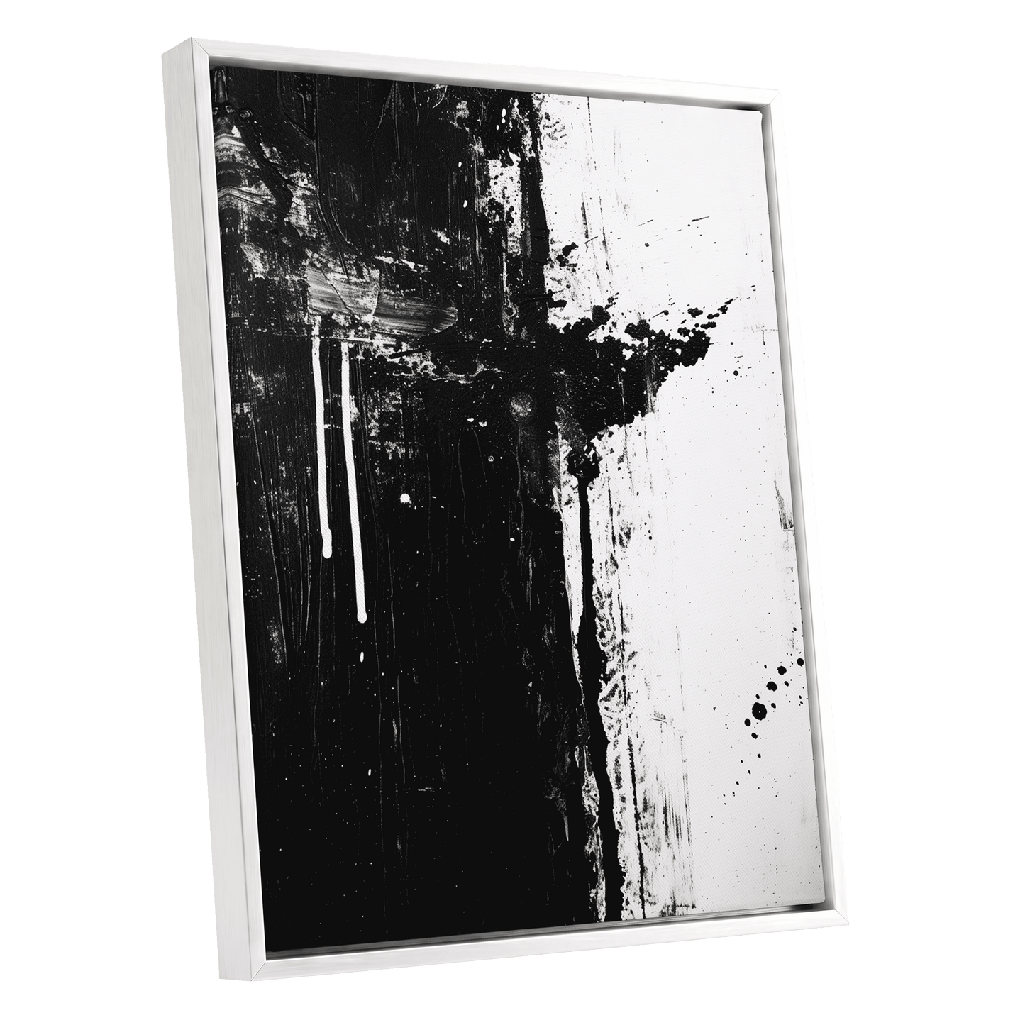 Fault Line Nocturne, black, white, gray abstract wall art shown as a white framed canvas wall art
