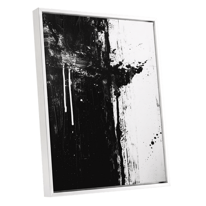 Fault Line Nocturne, black, white, gray abstract wall art shown as a white framed canvas wall art