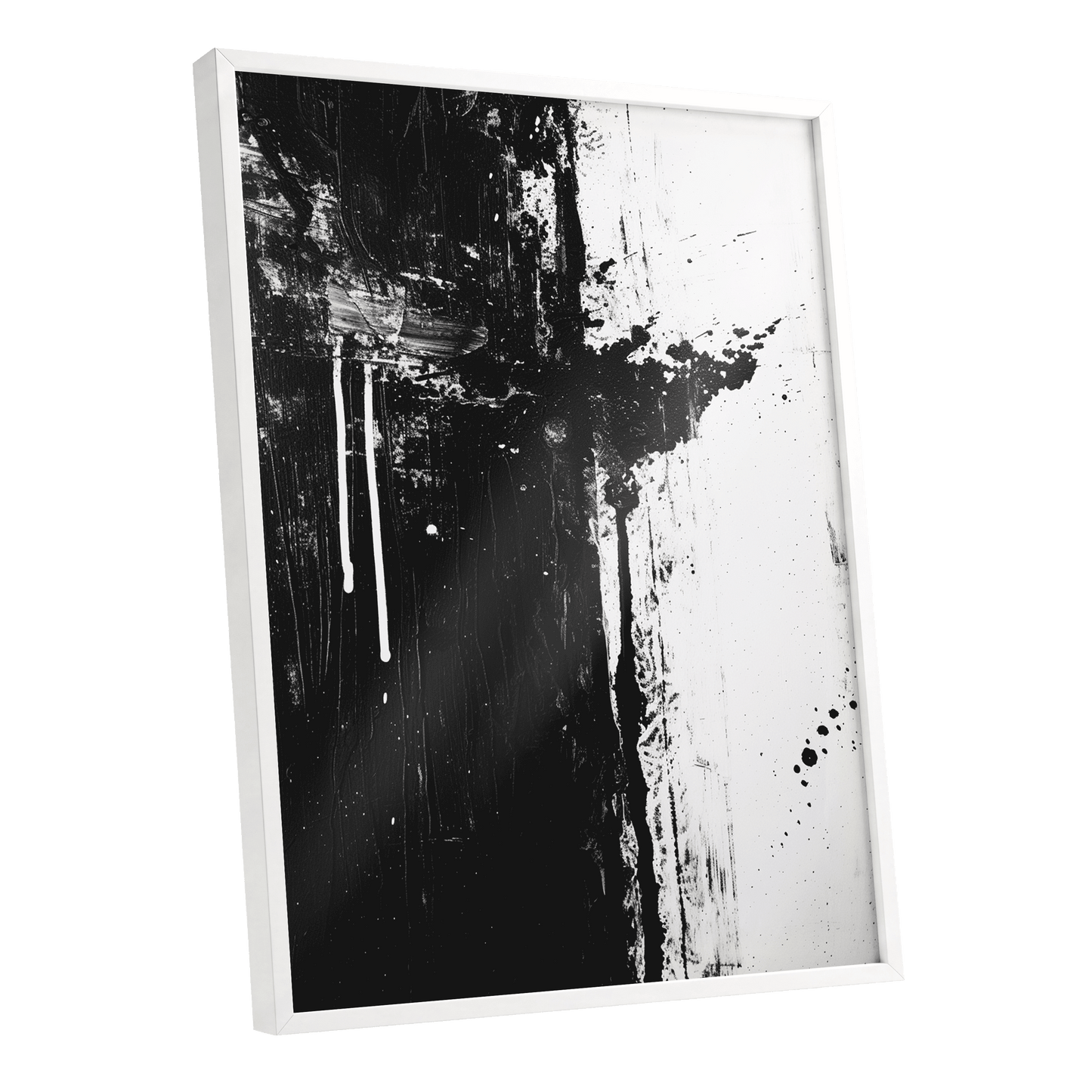 Fault Line Nocturne, black, white, gray abstract wall art shown as a white framed poster wall art print