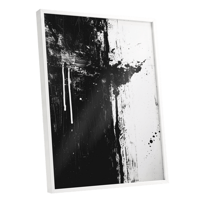 Fault Line Nocturne, black, white, gray abstract wall art shown as a white framed poster wall art print