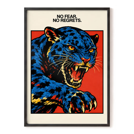 Fearless Blue Panther, blue, black, red nature wall art, front artwork view