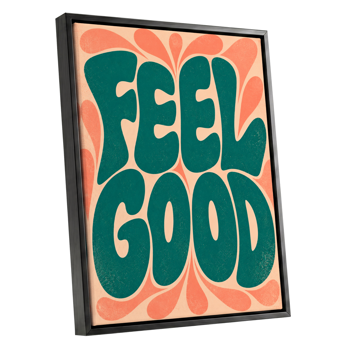 Feel Good Groove, green, orange, beige abstract wall art shown as a black framed canvas wall art