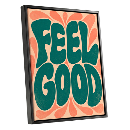 Feel Good Groove, green, orange, beige abstract wall art shown as a black framed canvas wall art