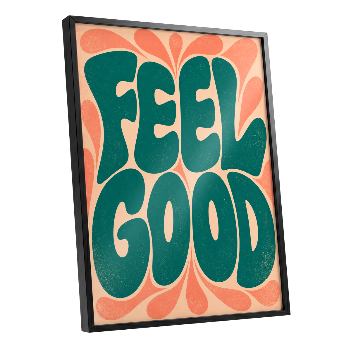 Feel Good Groove, green, orange, beige abstract wall art shown as a black framed poster wall art print