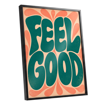 Feel Good Groove, green, orange, beige abstract wall art shown as a black framed poster wall art print