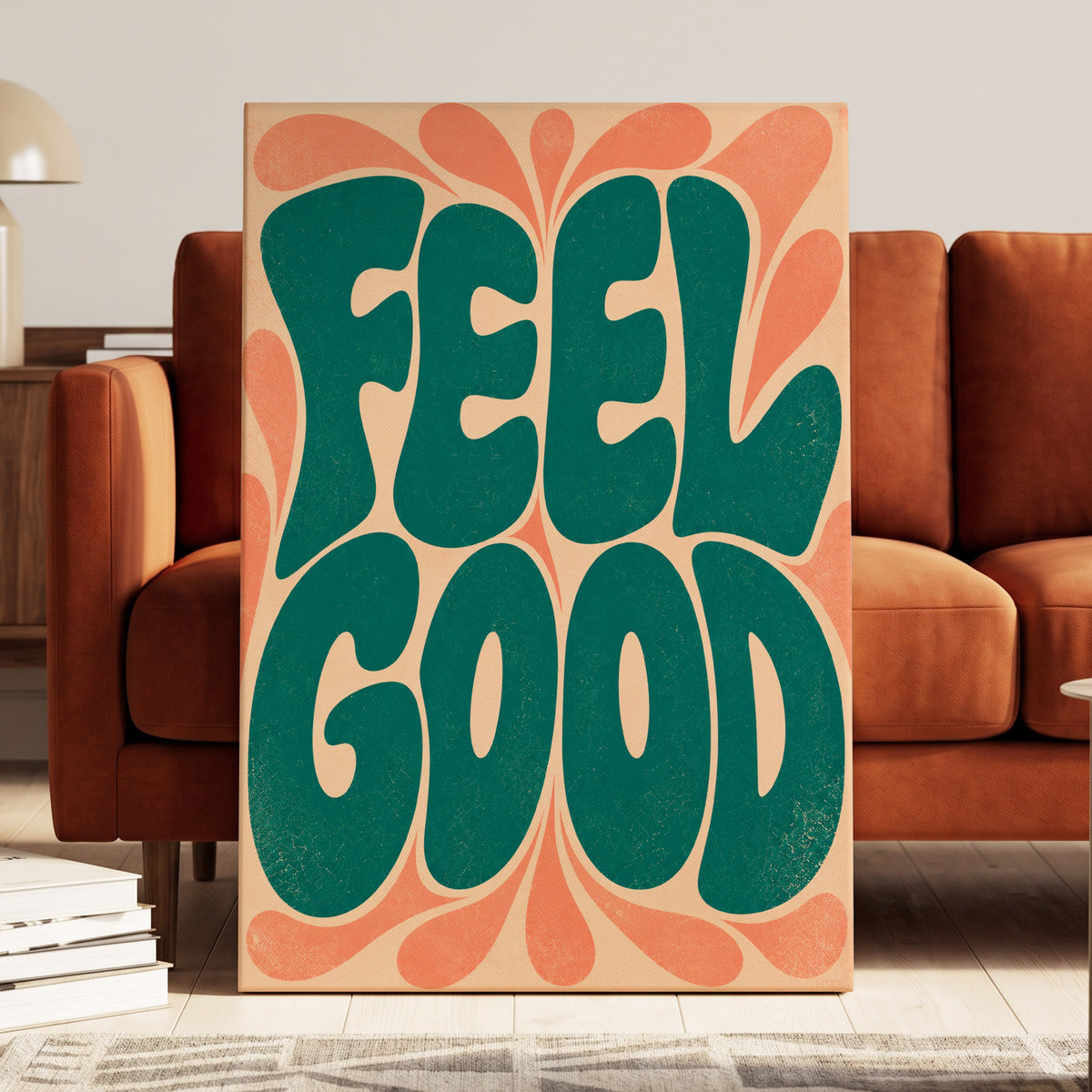 Feel Good Groove, green, orange, beige abstract wall art on canvas displayed in a styled interior, gallery view 1