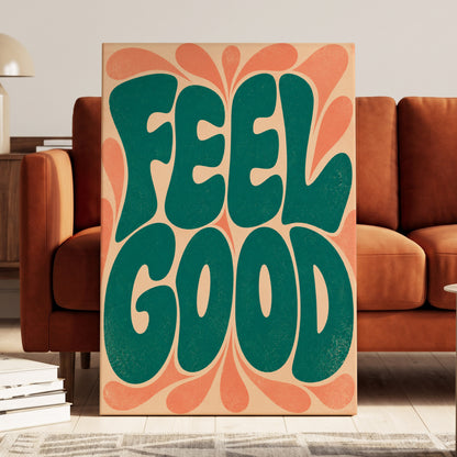 Feel Good Groove, green, orange, beige abstract wall art on canvas displayed in a styled interior, gallery view 1