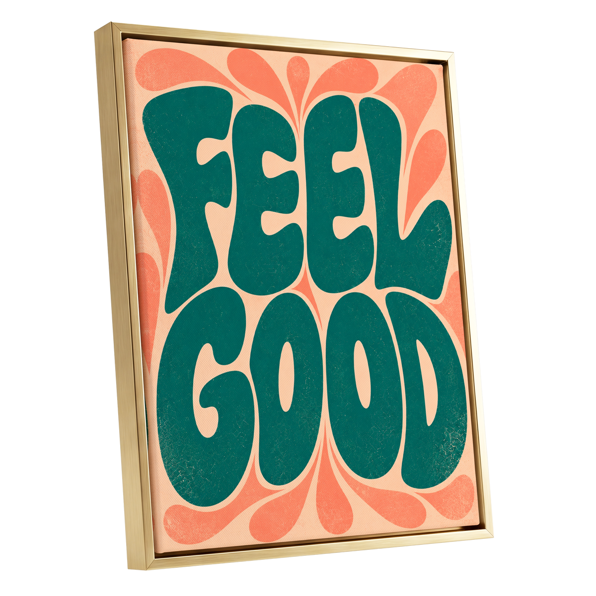 Feel Good Groove, green, orange, beige abstract wall art shown as a gold framed canvas wall art