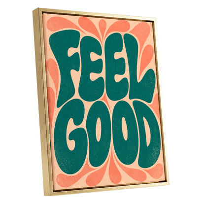 Feel Good Groove, green, orange, beige abstract wall art shown as a gold framed canvas wall art