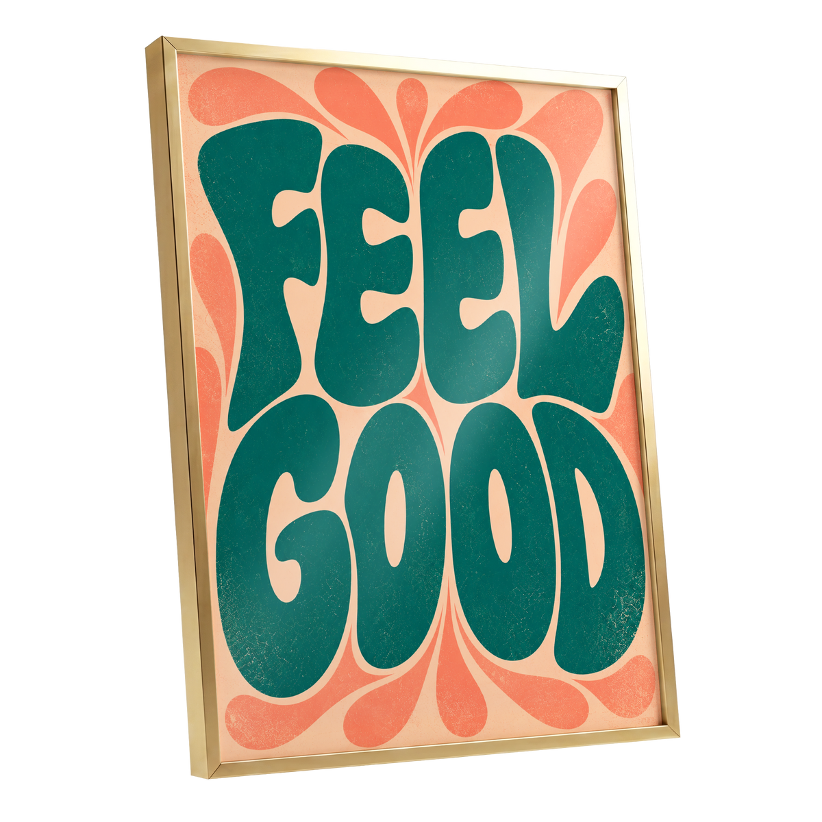 Feel Good Groove, green, orange, beige abstract wall art shown as a gold framed poster wall art print