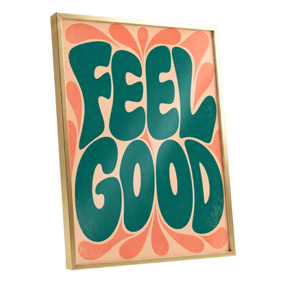 Feel Good Groove, green, orange, beige abstract wall art shown as a gold framed poster wall art print