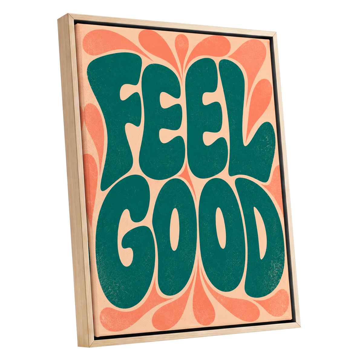 Feel Good Groove, green, orange, beige abstract wall art shown as a oak framed canvas wall art