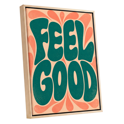 Feel Good Groove, green, orange, beige abstract wall art shown as a oak framed canvas wall art