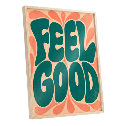 Feel Good Groove, green, orange, beige abstract wall art shown as a oak framed poster wall art print