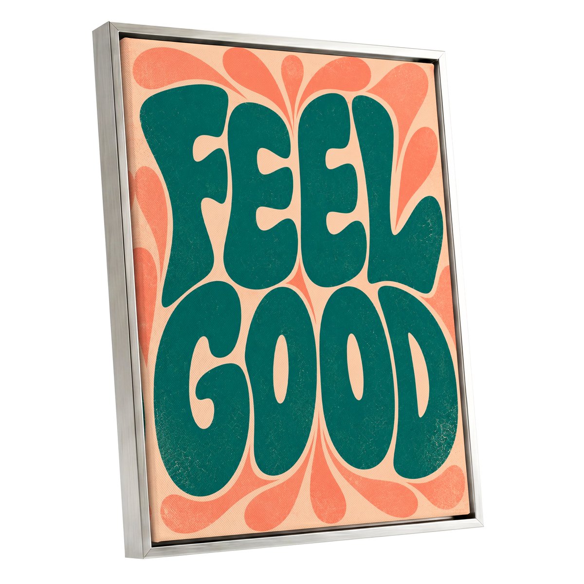 Feel Good Groove, green, orange, beige abstract wall art shown as a silver framed canvas wall art