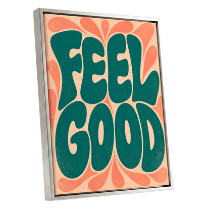 Feel Good Groove, green, orange, beige abstract wall art shown as a silver framed canvas wall art