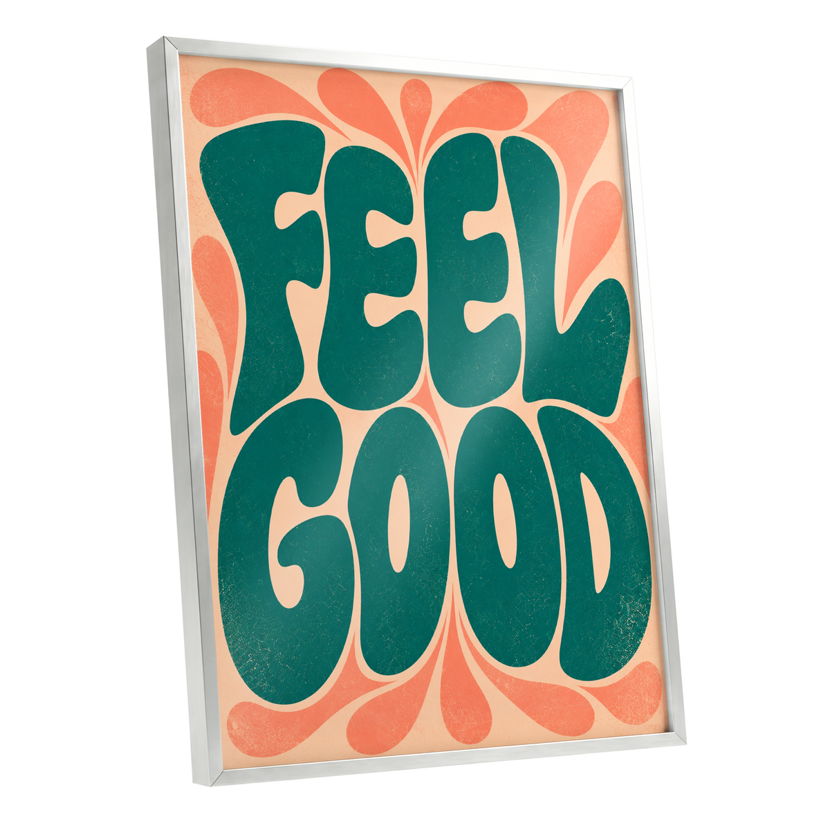 Feel Good Groove, green, orange, beige abstract wall art shown as a silver framed poster wall art print