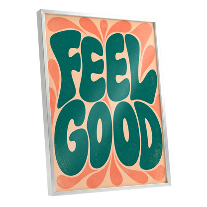 Feel Good Groove, green, orange, beige abstract wall art shown as a silver framed poster wall art print