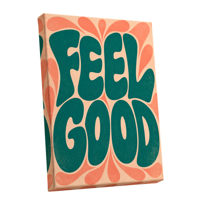 Feel Good Groove, green, orange, beige abstract wall art shown as a stretched canvas wall art