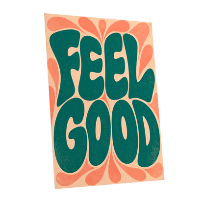 Feel Good Groove, green, orange, beige abstract wall art shown as a unframed poster wall art print
